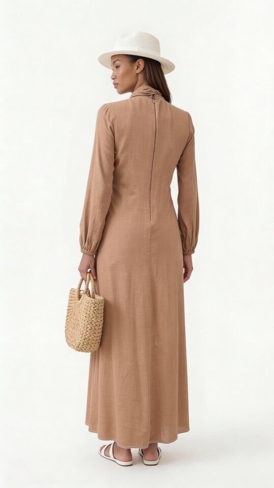 KONTRAST DİKİŞLİ YAKASI FULARLI ELBİSE 46 - CAMEL