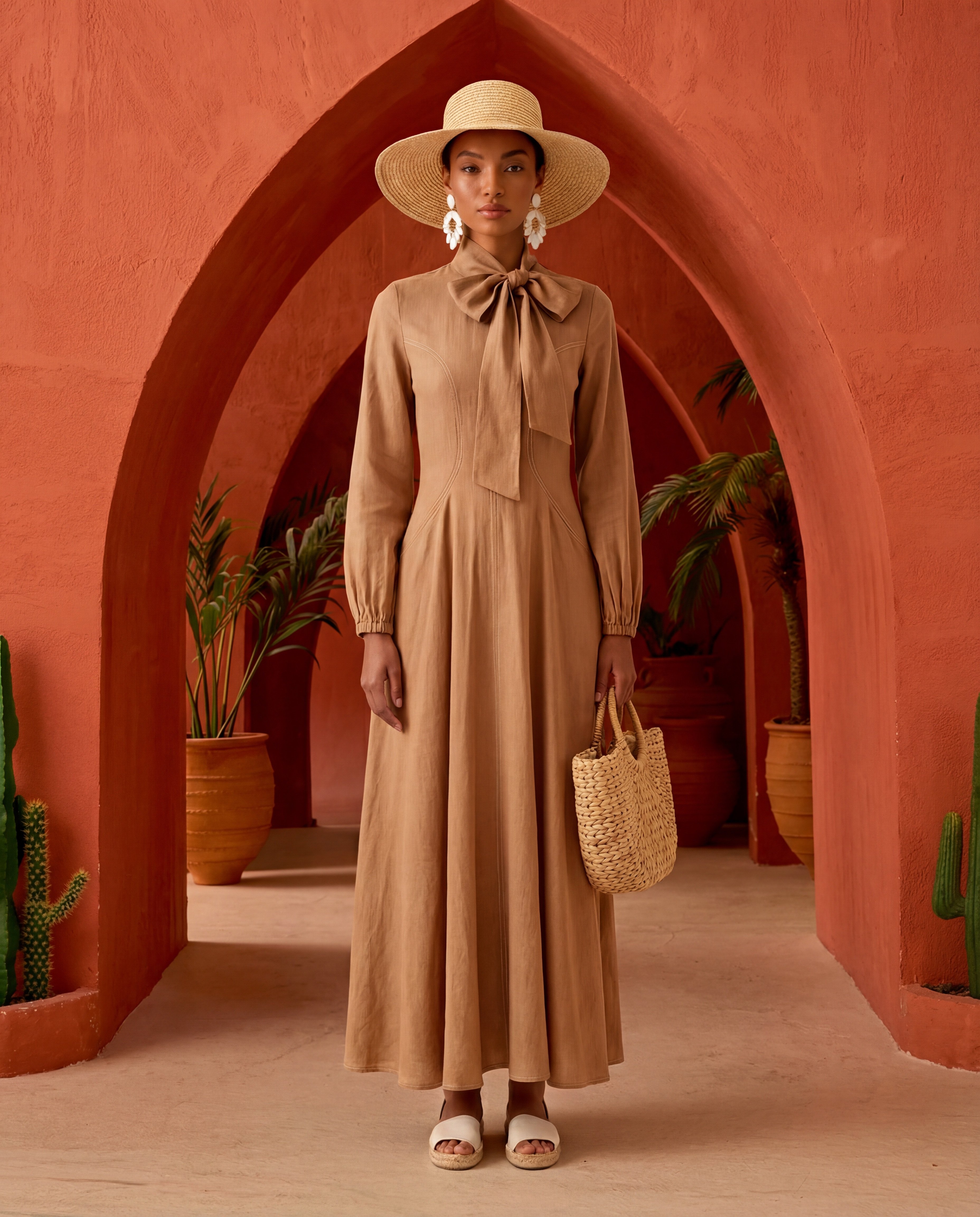 KONTRAST DİKİŞLİ YAKASI FULARLI ELBİSE 46 - CAMEL