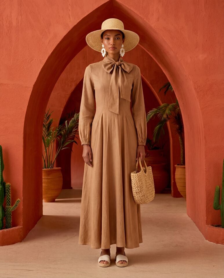 KONTRAST DİKİŞLİ YAKASI FULARLI ELBİSE 46 - CAMEL