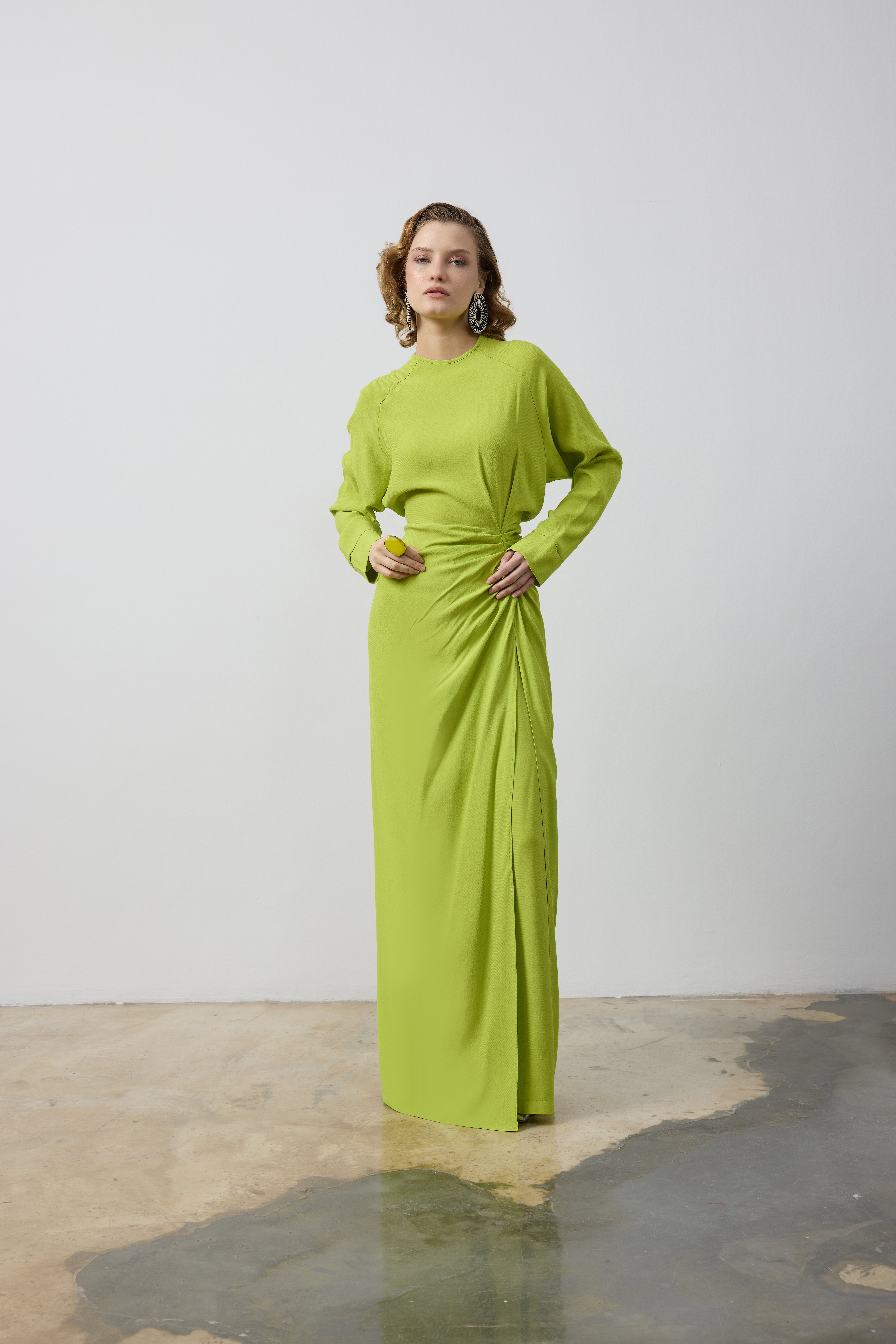 BEL DRAPELİ DERİN YIRTMAÇLI TUNİK PANTALON TAKIM 9166 44 - yeşil