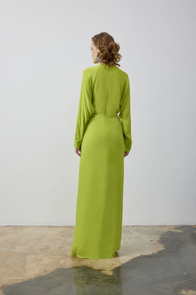 BEL DRAPELİ DERİN YIRTMAÇLI TUNİK PANTALON TAKIM 9166 44 - yeşil