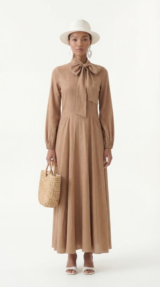 KONTRAST DİKİŞLİ YAKASI FULARLI ELBİSE 46 - CAMEL