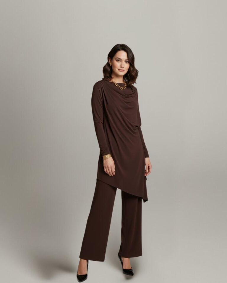 OMUZ BÜZGÜ DETAYLI SANDY BLUZ PANTALON TAKIM L - Kahverengi