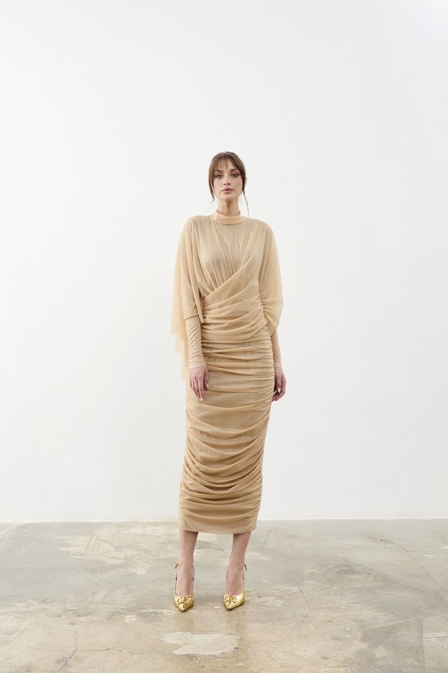 Eteği Drapeli Yarım Pelerinli Tül Abiye Elbise 42