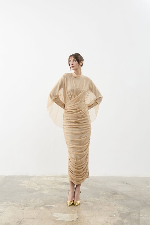 Eteği Drapeli Yarım Pelerinli Tül Abiye Elbise 42