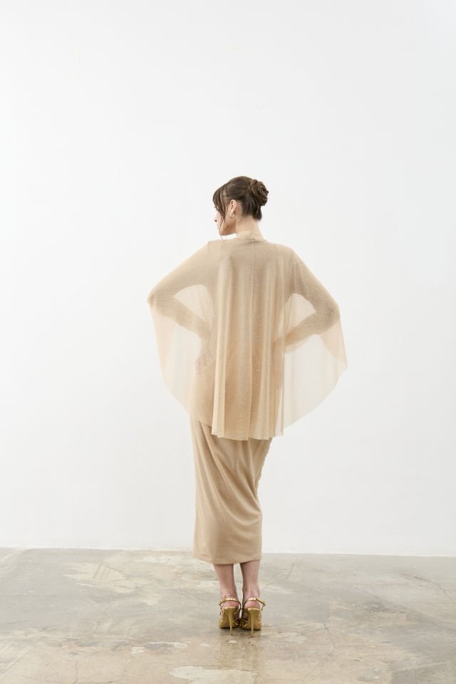 Eteği Drapeli Yarım Pelerinli Tül Abiye Elbise 42