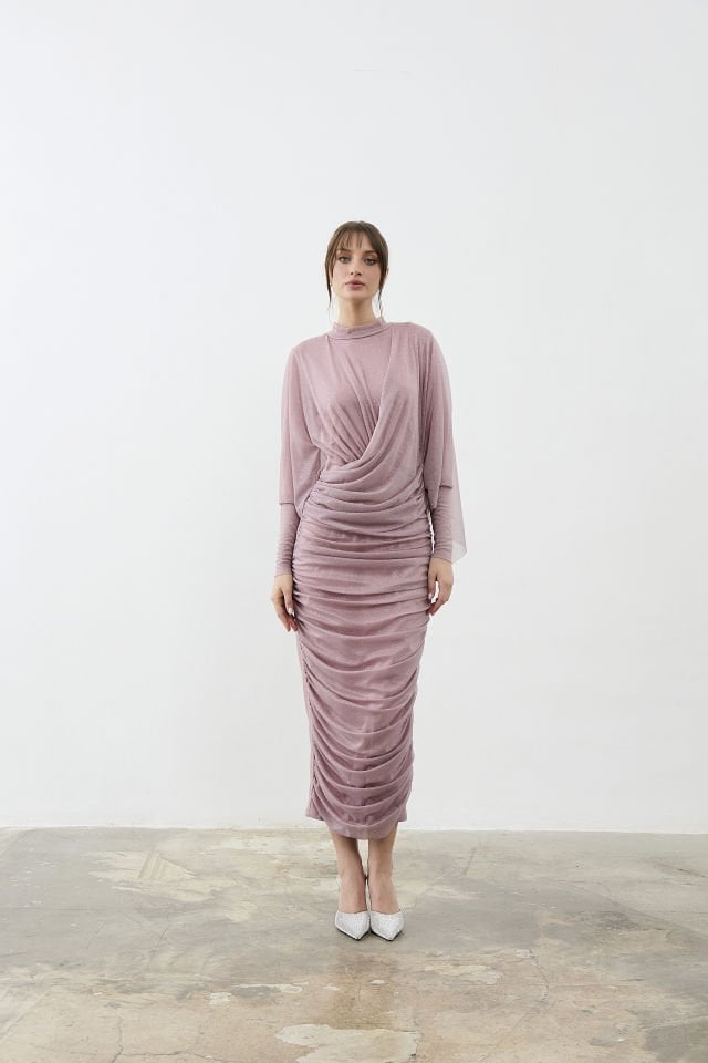 Eteği Drapeli Yarım Pelerinli Tül Abiye Elbise 38