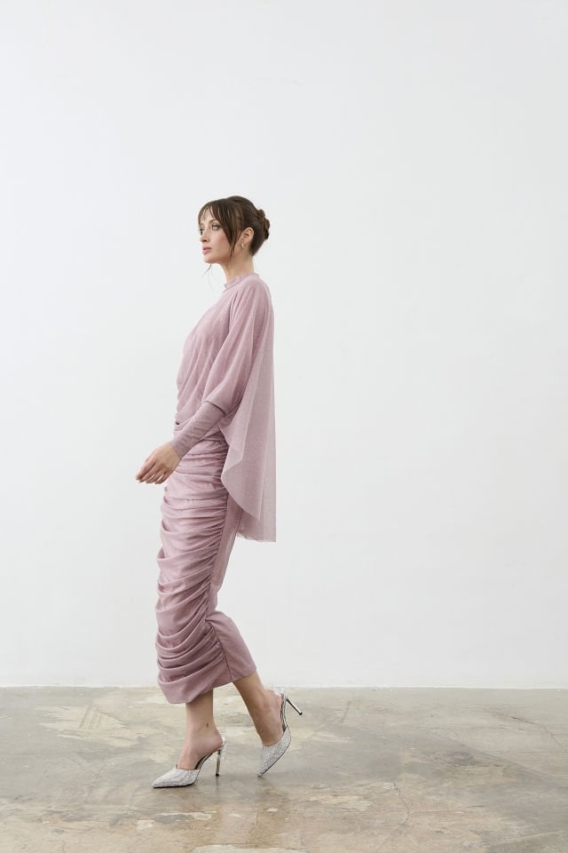 Eteği Drapeli Yarım Pelerinli Tül Abiye Elbise 38