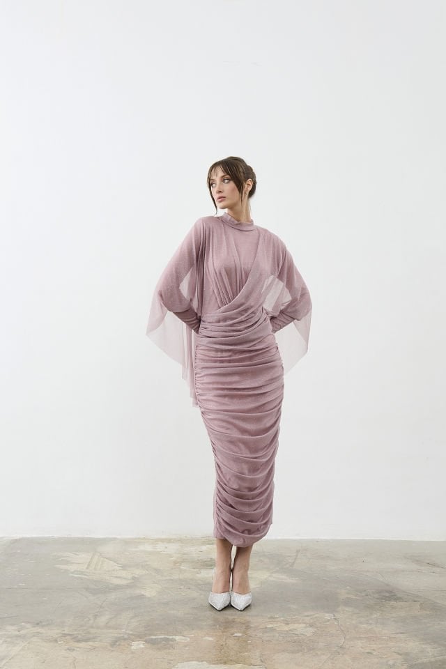 Eteği Drapeli Yarım Pelerinli Tül Abiye Elbise 38