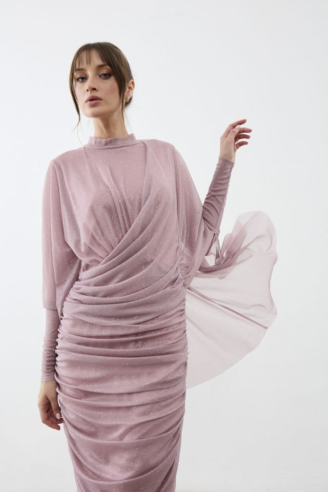 Eteği Drapeli Yarım Pelerinli Tül Abiye Elbise 38