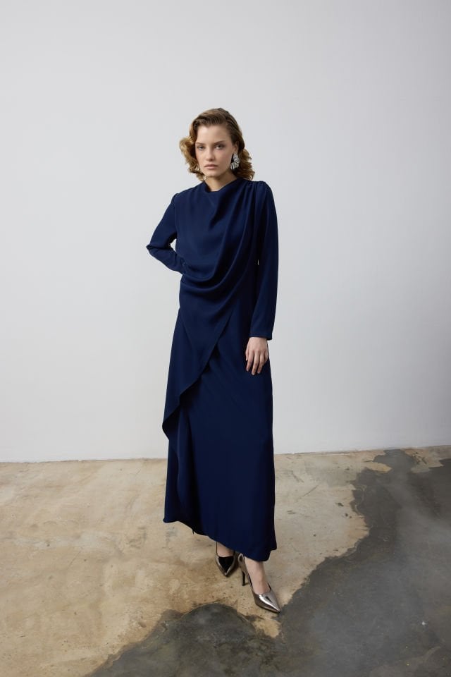 YANDAN DRAPELİ ÇİFT KAT ELBİSE 38