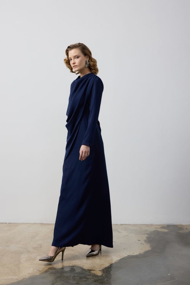 YANDAN DRAPELİ ÇİFT KAT ELBİSE 46