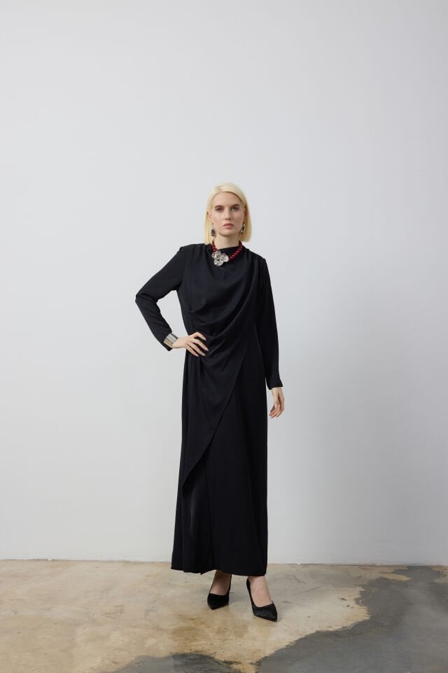 YANDAN DRAPELİ ÇİFT KAT ELBİSE 9136 46 - MİNT