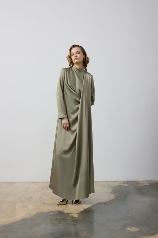 BELDEN TOPLAMALI ARKASI PARÇALI ŞIK ELBİSE 44