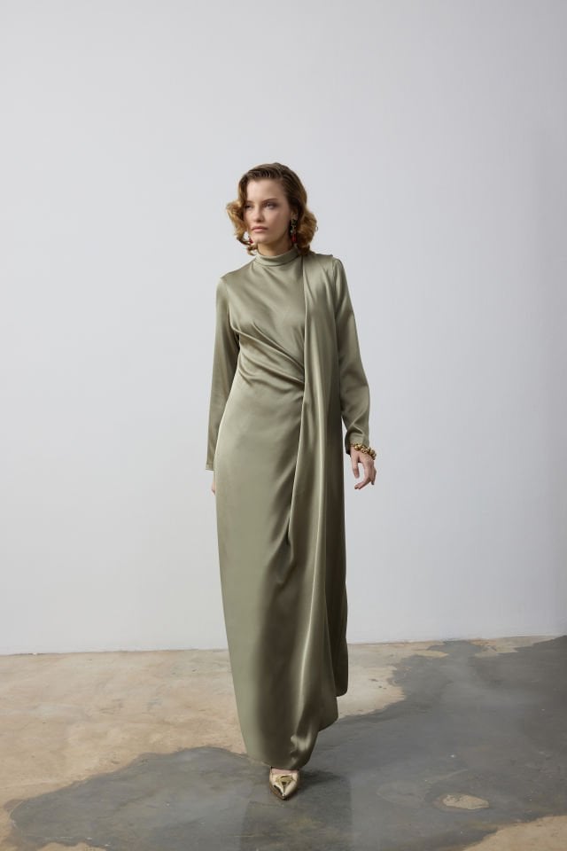 BELDEN TOPLAMALI ARKASI PARÇALI ŞIK ELBİSE 44