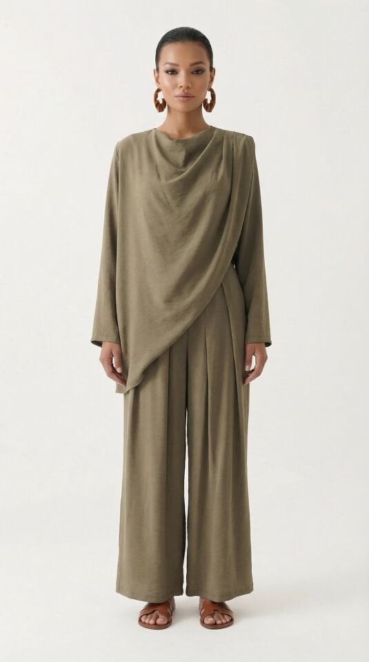 OMUZDAN BÜZGÜLÜANVELOP BLUZ PANTOLON TAKIM 44 - HAKİ