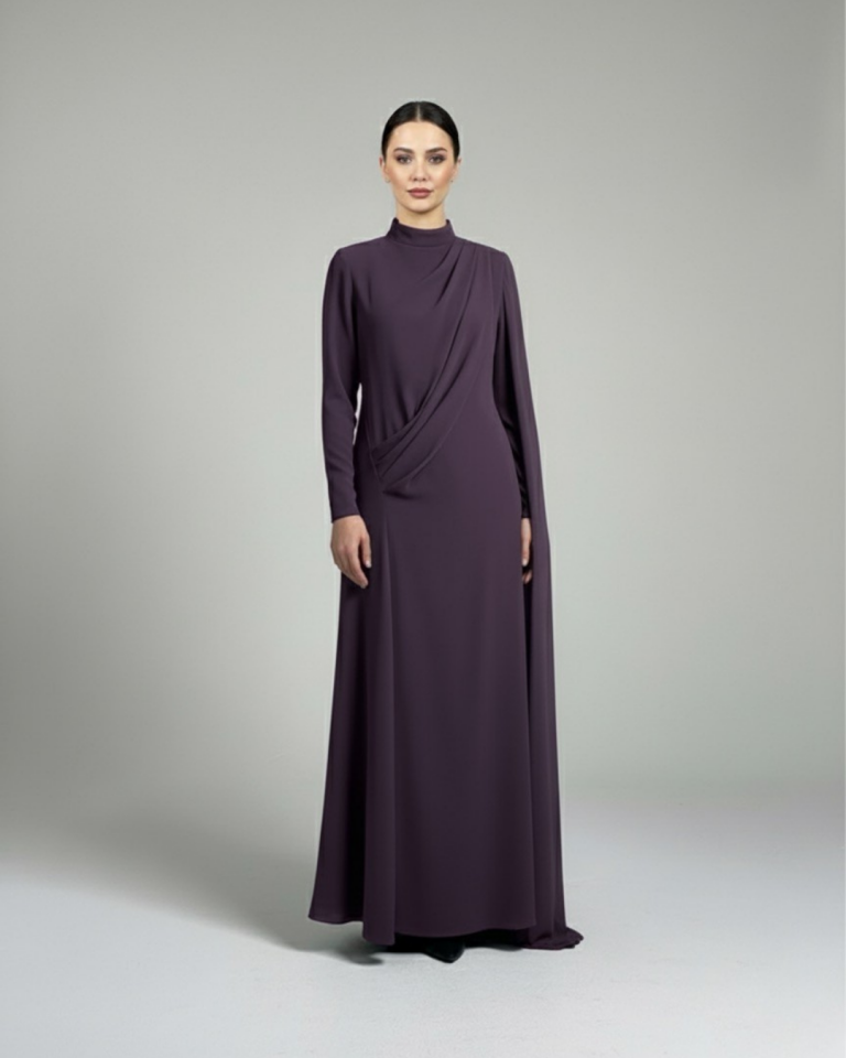 BELDEN PİLELİ TEK OMUZU ŞAL DETAYLI ELBİSE 25E012 38 - BORDO