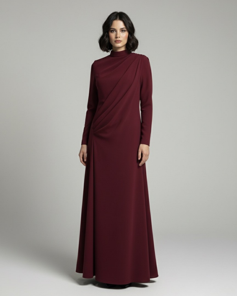 BELDEN PİLELİ TEK OMUZU ŞAL DETAYLI ELBİSE 40 - BORDO
