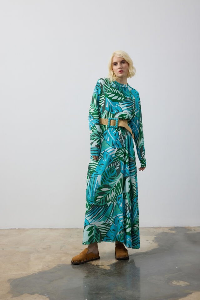 DÜZ KESİM YAPRAK DESEN ELBİSE ST