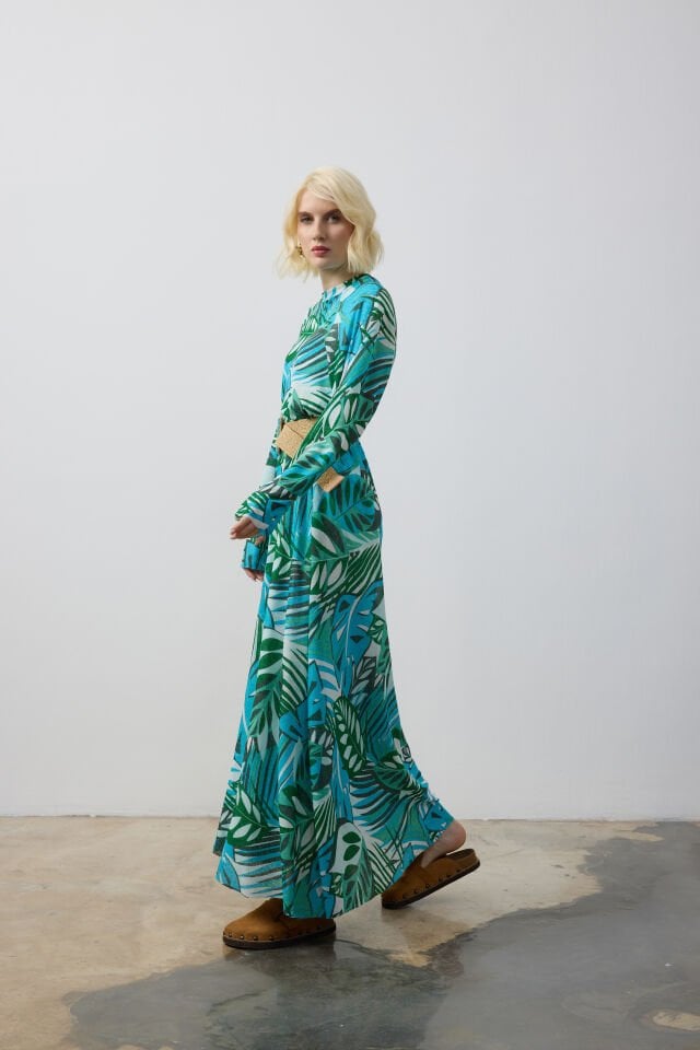 DÜZ KESİM YAPRAK DESEN ELBİSE