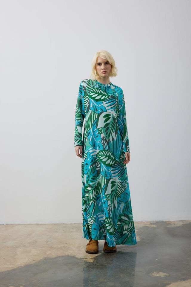 DÜZ KESİM YAPRAK DESEN ELBİSE ST