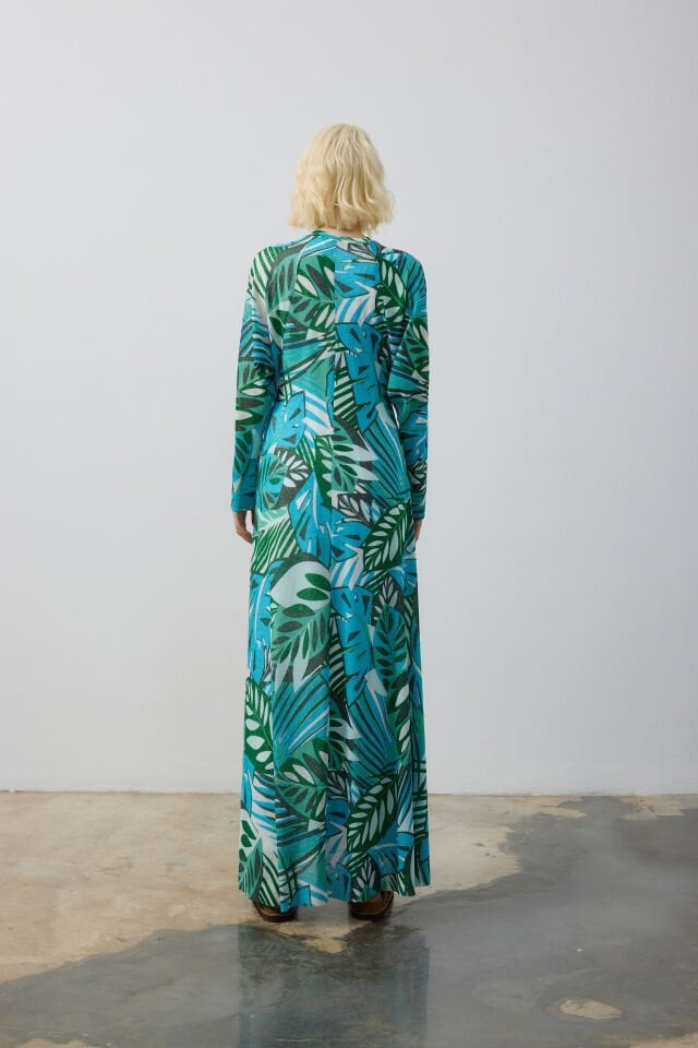 DÜZ KESİM YAPRAK DESEN ELBİSE