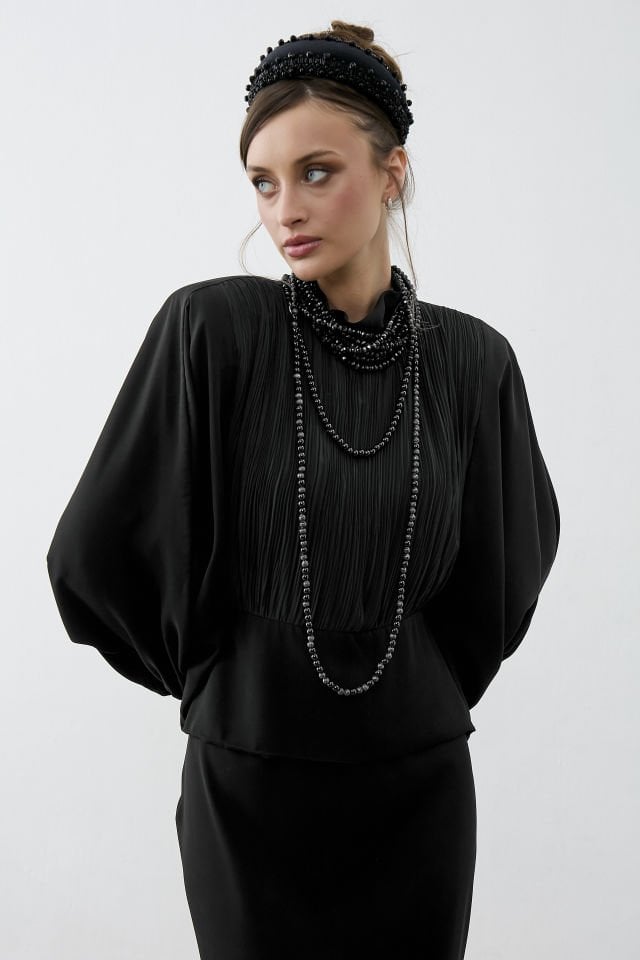 Ön Kısmı Piliseli İçten Kuşaklı Abaye Elbise Standart