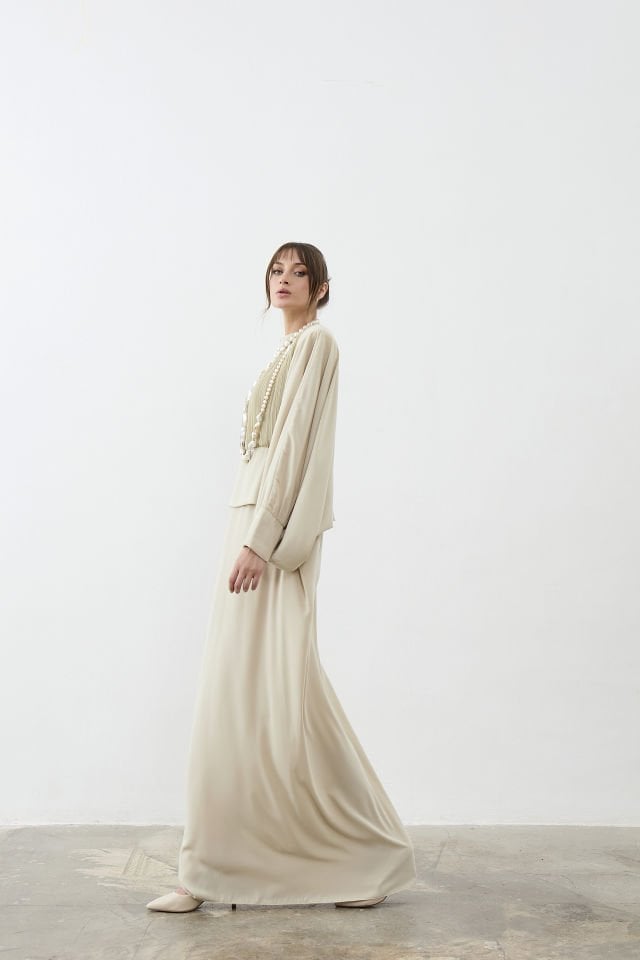 Ön Kısmı Piliseli İçten Kuşaklı Abaye Elbise Standart