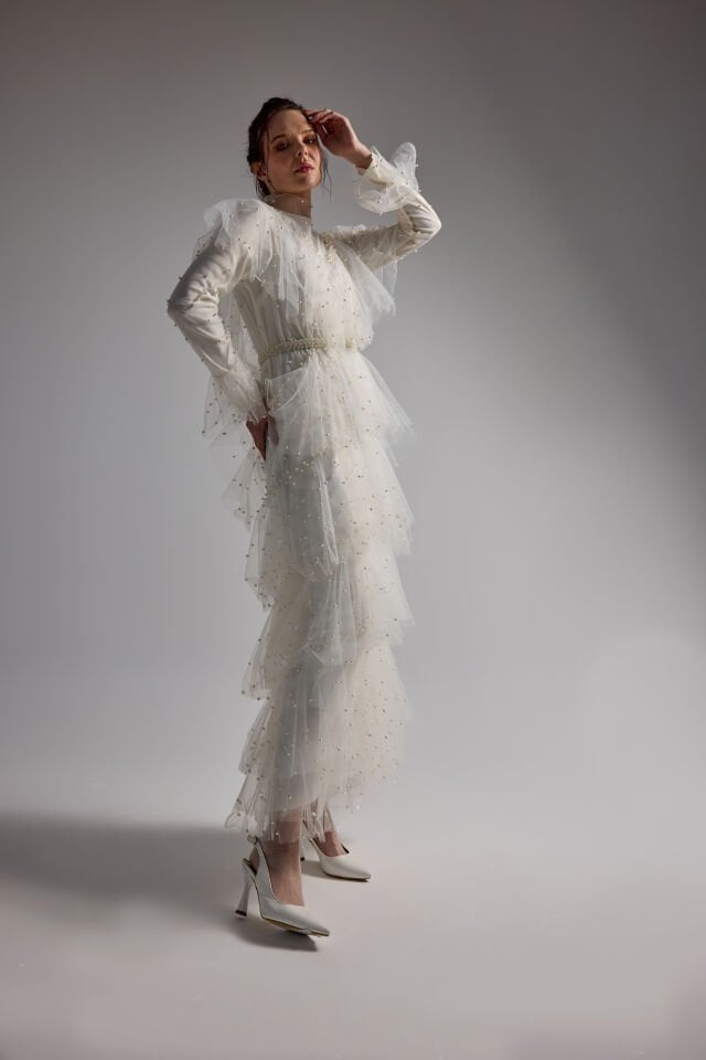 KAT KAT İNCİLİ TÜL ABİYE ELBİSE 40