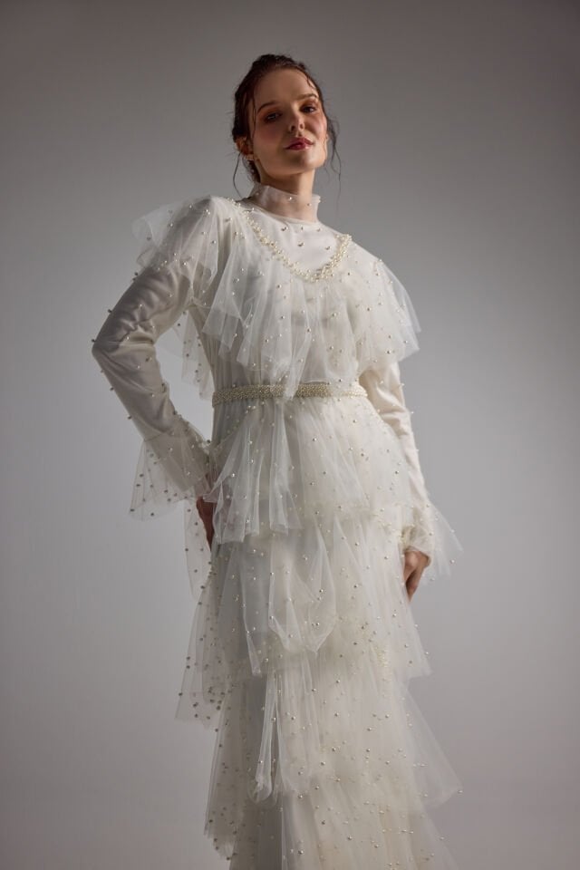 KAT KAT İNCİLİ TÜL ABİYE ELBİSE 40