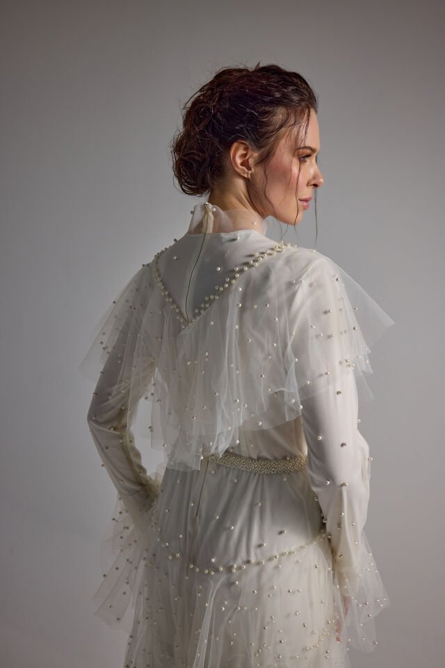 KAT KAT İNCİLİ TÜL ABİYE ELBİSE 40