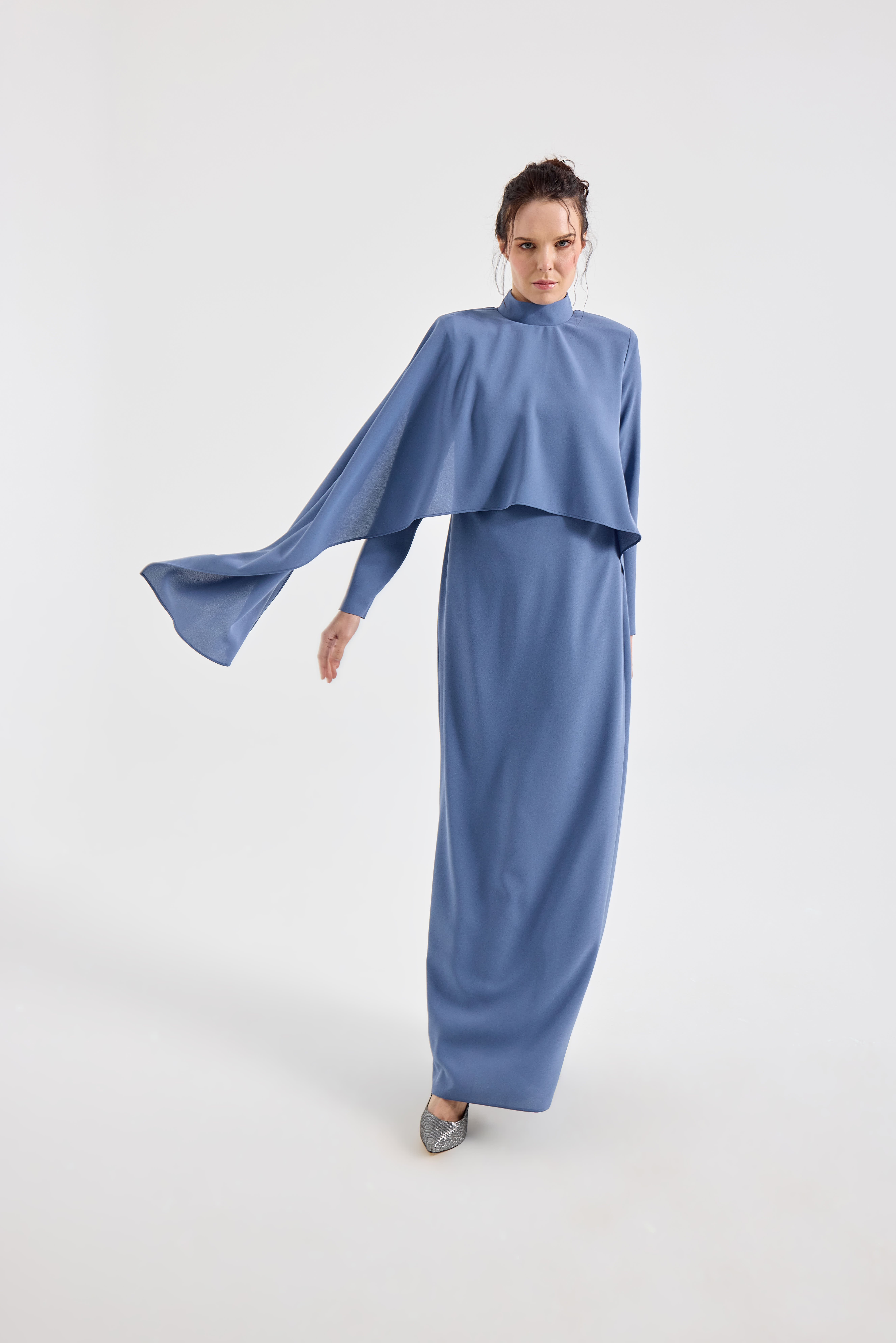 Şal Detaylı Krep Elbise 9082 46 - Krem