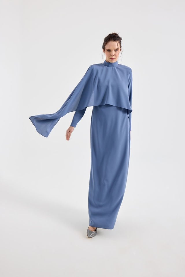 Şal Detaylı Krep Elbise 9082 SİYAH - 46