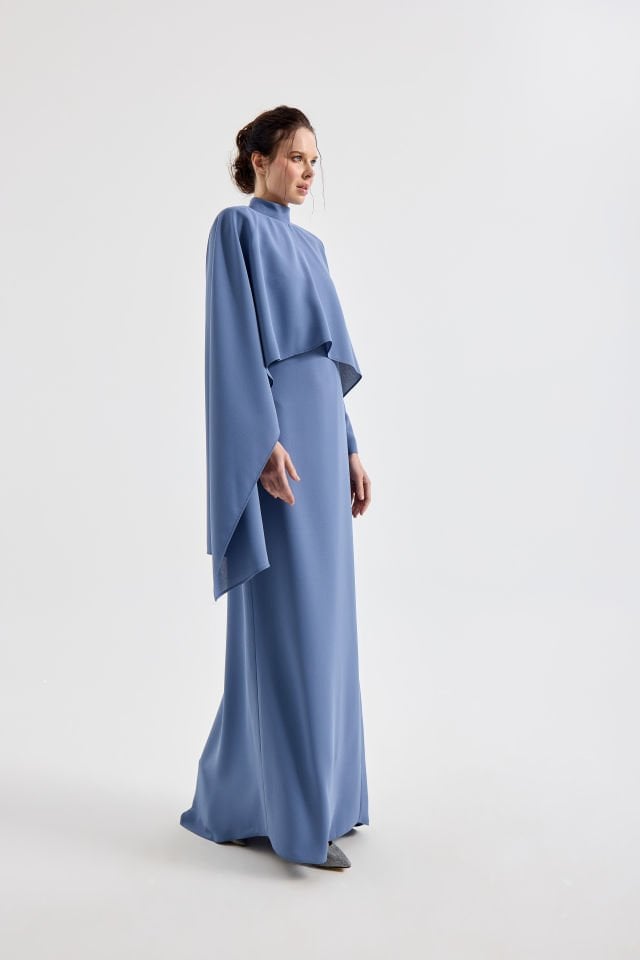 Şal Detaylı Krep Elbise 9082 SİYAH - 46