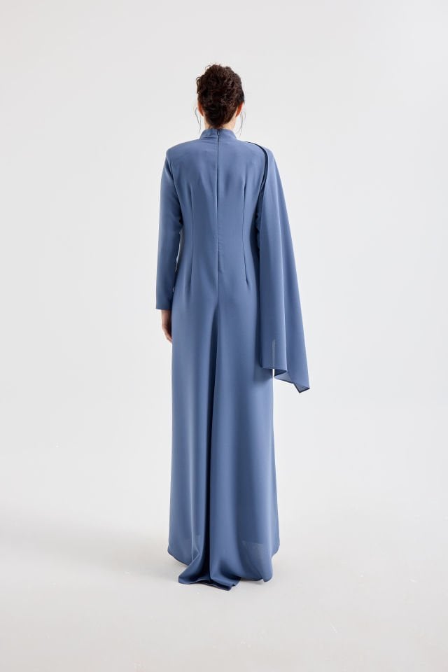 Şal Detaylı Krep Elbise 9082 SİYAH - 46