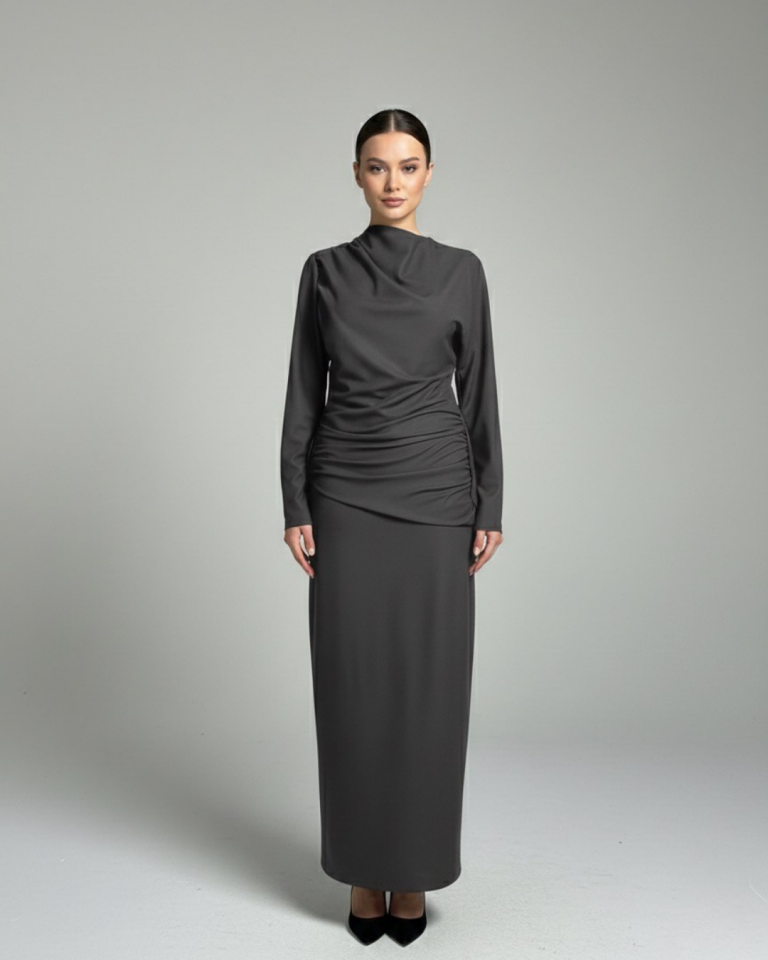 ÖNÜ KAPAKLI DRAPELİ ELBİSE 44