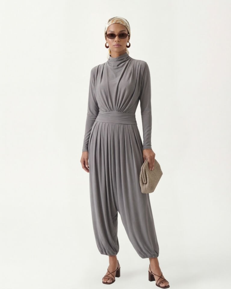 DEGAJE YAKA KEMER DETAYLI BLUZ VE SİMBAD ŞALVAR TAKIM 40 - KAHVE