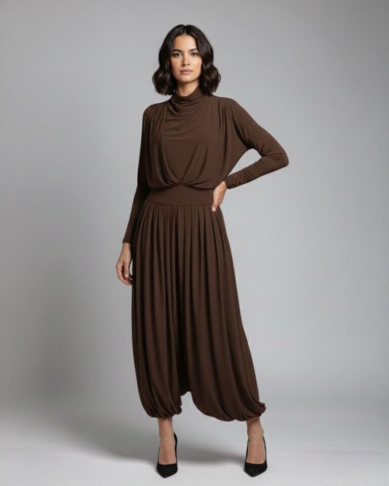 DEGAJE YAKA KEMER DETAYLI BLUZ VE SİMBAD ŞALVAR TAKIM 40 - KAHVE