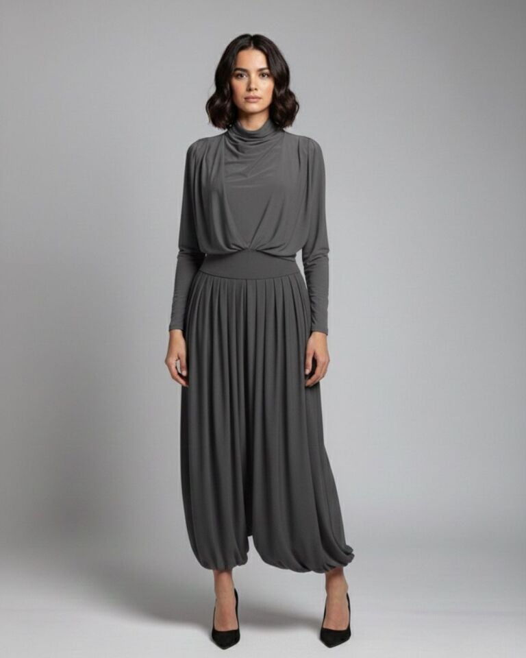 DEGAJE YAKA KEMER DETAYLI BLUZ VE SİMBAD ŞALVAR TAKIM 40 - KAHVE