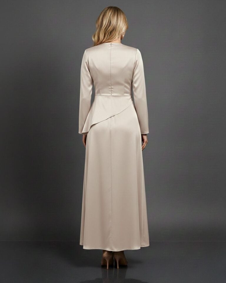 DEGAJE YAKA KRUVAZE DÖNÜŞLÜ ABİYE ELBİSE 25E042 40 - AÇIK BEJ