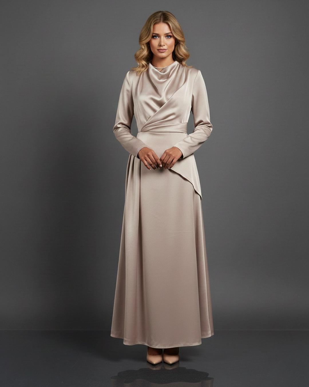 DEGAJE YAKA KRUVAZE DÖNÜŞLÜ ABİYE ELBİSE 25E042 40 - AÇIK BEJ